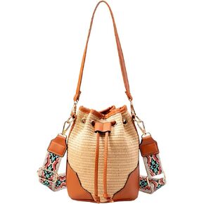 احصل على حقائب طويلة تمر بالجسم من القش للنساء، حقيبة دلو جلدية صغيرة، حقائب يد صيفية من القش، محفظة من الخيزران للسفر in Kuwait