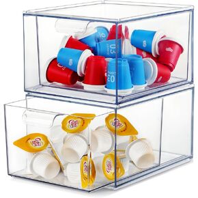 2 PACK Acrylic K Cup Organizer Large Capacity Coffee Pod Storage Container Stackable Drawers for Creamer Suger, Coffee Bar Organizer