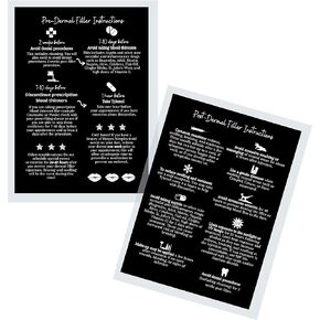Dermal Filler Pre and Post Injection Care Instructions Card | 30 Pack | 5x7" inches large Post Card Size | Dermal Filler Injections Black with White Icons Design
