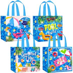 12Pcs Pool Party Favors Gift Bags Summer Beach Swimming Pool Theme Non-Woven Gift Treat Bags with Handles for Hawai Summer Pool Party Supplies