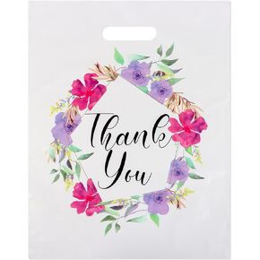 POPGIFTU Floral Thank You Plastic Bags 100 Pack 12" x 15" Thank You Bags for Small Business, Thank You Shopping Bags with Handles, for Boutique, Retail, Gift Bags, Clothes, Party Favors
