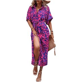 Milumia Women's Printed Button Up Belted Midi Dress Short Sleeve Collar Shirt Dresses