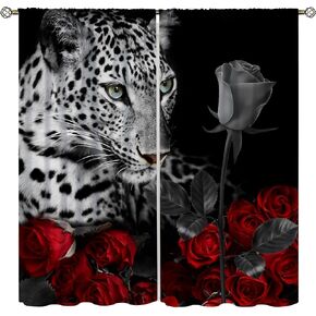 Leopard Window Curtains Red Rose Window Drapes,African Wildlife Kids Boys Bedroom Window Treatments,Home Living Room Window Curtains 42x45 Inch