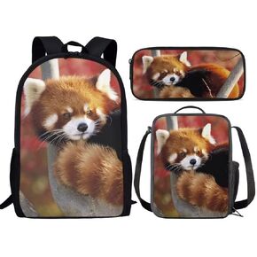 AmzPrint 3pcs Cute Kawaii Backpack Set For Girls Back To School Red Panda Backpack And Lunchbox For Middle School