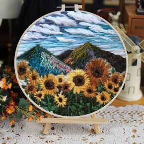 Embroidery Starter Kits with Sunflower & Mountains Pattern and Instructions, Plastic Embroidery Hoops,Threader,Color Threads and Needles,Embroidery Kit for Beginners(XI23)
