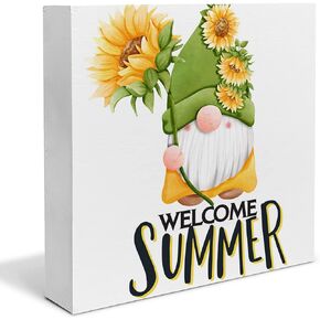 Welcome Summer Gnome Wood Box Sign Desk Decor Rustic Sunflower Gnomes Wood Block Sign Decor for Home Shelf Wall