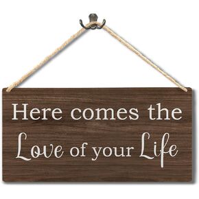 Rustic Wedding Sign, Here Comes the Love of Your Life Wedding Wood Signs Wall Hanging, Rustic Wedding Decorations, Ring Bearer Sign, 11.8x5.9 Inch Wall Pediments