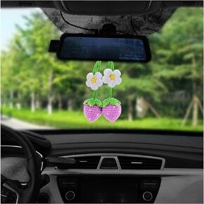 2 PCS Cute Crochet Strawberry Car Hanging Ornament, Hand-Knited Strawberry Flower Auto Rear View Mirror Hanging Decoration, Vehicle Interior Plant Hanging Pendant for Women (Red)