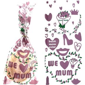 RIGHTA TECH Mother's Day Party Gift Treat Bags Plastic Cellophane Candy Goodies Bag Mothers Birthday Party Favor Bag for We Love Mom,Birthday Party, Mother's Day Party Favor Bags Supplies