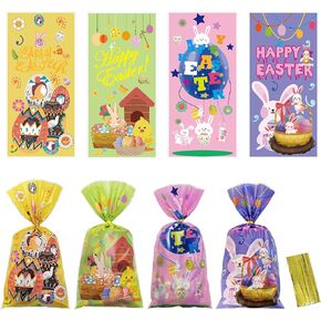 Easter Treat Bags, Easter Candy Bags, Easter Bags for Goodies, 100 PCS Easter Cellophane Bags with Ties, Easter Plastic Bags, Easter Cello Bags, Easter Gift Bags for Easter Day Party Favor Supplies