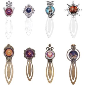 SUNNYCLUE 16Pcs 2 Colors Owl Hamsa Hand Bookmark Pendant Tray Kit Include 8pcs Metal Cabochon Bookmark Blank 8pcs Oval Round Clear Glass Cabochon Lucky Hand of Fatima Magic Style Clock Owl Bookmarks