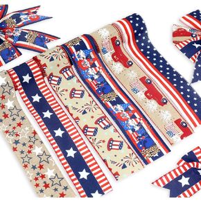 2.5'' Patriotic Ribbon and Blue Crafting Ribbon(30 Yards). Stars Stripes, Vintage Red Truck,American Flag,Uncle Sam Hats, Fireworks, Rockets ,Gnome Ribbons., Blue,White,Red
