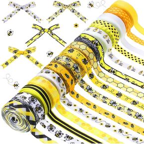 Jutom 15 Rolls 60 Yards Bee Ribbon Bee Flowers Bee Gnome Grosgrain Stripes Dots Yellow Wreath Ribbon Spring Easter Decorations for Sewing DIY Craft Party Gift Wrap(3/8 Inch)