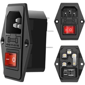 Module Plug,10A Fuse Switch Male Power Socket,Adapter Power Connector,3 Pins Inlet Power Socket,Black,Red Button,AC 250V 10A IEC 320 C14 3 Pieces