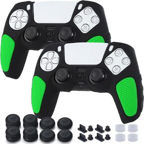 Non-Slip Handle Protective Skins for PS5 Controller x 2(Black+Green) with Thumb Grips x 8, Plugs x 8, Anolog Protectors x 4