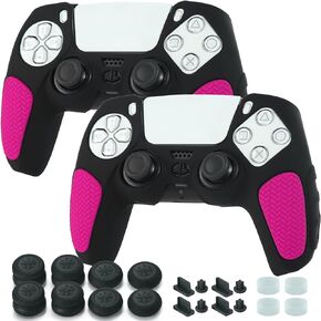 Non-Slip Handle Protective Skins for PS5 Controller x 2(Black+Pink) with Thumb Grips x 8, Plugs x 8, Anolog Protectors x 4