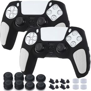 Non-Slip Handle Protective Skins for PS5 Controller x 2(Black+White) with Thumb Grips x 8, Plugs x 8, Anolog Protectors x 4