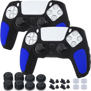 Non-Slip Handle Protective Skins for PS5 Controller x 2(Black+Blue) with Thumb Grips x 8, Plugs x 8, Anolog Protectors x 4