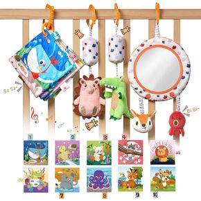 TUMAMA High Contrast Baby Toys, Newborn Soft Books Mirror Rattles Enlightenment Toy Set, Car Seat Stroller Crib Hanging Toy for 0 3 6 9 12 Months Infants and Toddlers