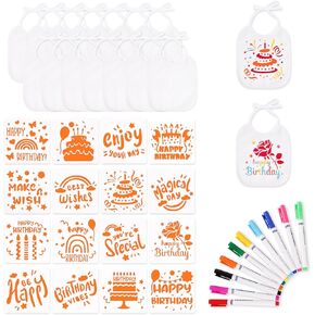 42Pcs DIY Unisex Baby Bibs Set Decorating Kit with 16 Washable White Feeding Bibs 10 Fabric Markers 16 Stencils for Kids Boys Girls Gifts for Birthday Holiday Activities