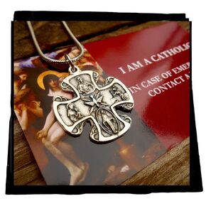 5 Way Crucifix, Large 1" Catholic Cross, 18" Stainless Steel Snake Chain with Lobster Clasp, Alloy Medal/Includes "I AM A CATHOLIC, Please call a priest." Prayer Card