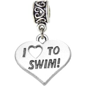 Dangle I Love to Swim Heart Charm Bead
