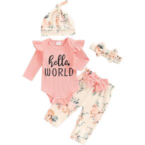 Ayalinggo Hello World Newborn Outfit Baby Girl Ruffle Trim Romper Floral Pants Set Beanie Hat Headband 4Pcs Spring Clothes