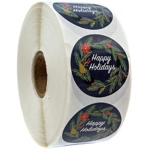 Ivory Holiday Floral Happy Holidays Stickers / 1000 White Wreath Christmas Labels Roll / 1.5" Round Envelope Seals/Made in The USA