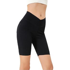 Women's Crossover High Waisted High Stretch Denim Yoga Cycling Athletic Shorts with Pockets