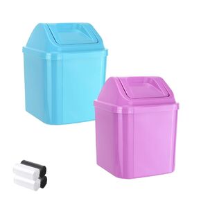 2 Pcs Plastic Mini Wastebasket Trash Can with Swing Lid with 4 Rolls of Trash Bags, Tiny Desktop Waste Garbage Bin for Home, Office, Kitchen, Vanity Tabletop, Bedroom, Bathroom(Blue + Purple)