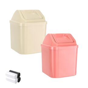 2 Pcs Plastic Mini Wastebasket Trash Can with Swing Lid with 4 Rolls of Trash Bags, Tiny Desktop Waste Garbage Bin for Home, Office, Kitchen, Vanity Tabletop, Bedroom, Bathroom(Blue + Purple)