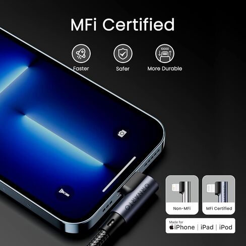 كابل ORNARTO USB C إلى Lightning (معتمد من MFi) بطول 6 أقدام لكابل شاحن iPhone 14 توصيل الطاقة لشحن سلك مجدول من النايلون متوافق مع iPhone 14/13/12/11/10/SE وiPad وAirPods-أسود in Kuwait