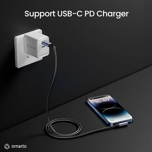 كابل ORNARTO USB C إلى Lightning (معتمد من MFi) بطول 6 أقدام لكابل شاحن iPhone 14 توصيل الطاقة لشحن سلك مجدول من النايلون متوافق مع iPhone 14/13/12/11/10/SE وiPad وAirPods-أسود in Kuwait
