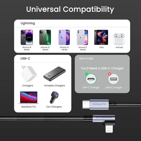 كابل ORNARTO USB C إلى Lightning (معتمد من MFi) بطول 6 أقدام لكابل شاحن iPhone 14 توصيل الطاقة لشحن سلك مجدول من النايلون متوافق مع iPhone 14/13/12/11/10/SE وiPad وAirPods-أسود in Kuwait