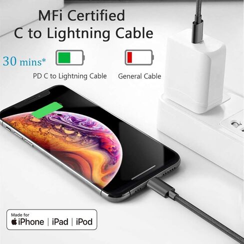 كابل USB C إلى Lightning معتمد من Apple MFi مصنوع لهاتف iPhone X/XS/XR/XS Max / 8/8 Plus، يدعم توصيل الطاقة (للاستخدام مع شواحن النوع C) 4FT (أسود) in Saudi Arabia