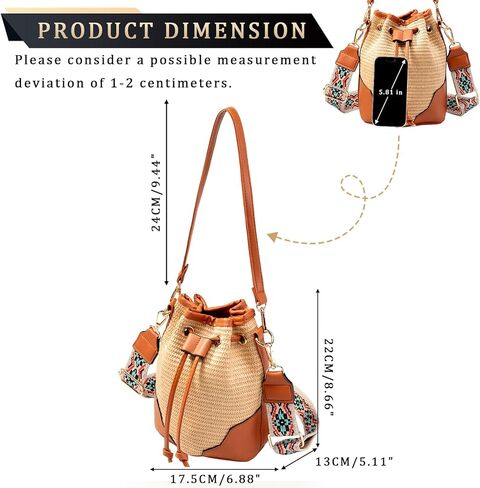 احصل على حقائب طويلة تمر بالجسم من القش للنساء، حقيبة دلو جلدية صغيرة، حقائب يد صيفية من القش، محفظة من الخيزران للسفر in Kuwait