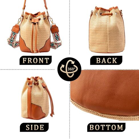 احصل على حقائب طويلة تمر بالجسم من القش للنساء، حقيبة دلو جلدية صغيرة، حقائب يد صيفية من القش، محفظة من الخيزران للسفر in Kuwait