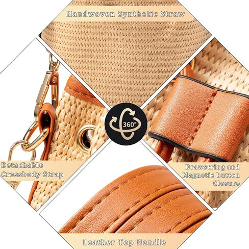 احصل على حقائب طويلة تمر بالجسم من القش للنساء، حقيبة دلو جلدية صغيرة، حقائب يد صيفية من القش، محفظة من الخيزران للسفر in Kuwait