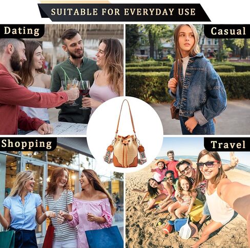 احصل على حقائب طويلة تمر بالجسم من القش للنساء، حقيبة دلو جلدية صغيرة، حقائب يد صيفية من القش، محفظة من الخيزران للسفر in Kuwait