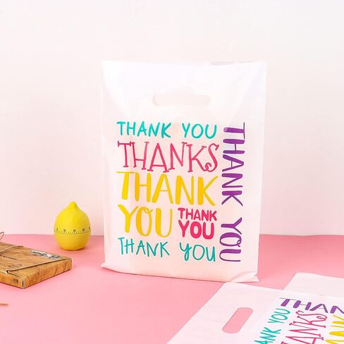 POPGIFTU Floral Thank You Plastic Bags 100 Pack 12" x 15" Thank You Bags for Small Business, Thank You Shopping Bags with Handles, for Boutique, Retail, Gift Bags, Clothes, Party Favors in Saudi Arabia