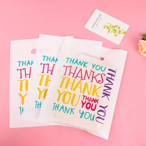 POPGIFTU Floral Thank You Plastic Bags 100 Pack 12" x 15" Thank You Bags for Small Business, Thank You Shopping Bags with Handles, for Boutique, Retail, Gift Bags, Clothes, Party Favors in Saudi Arabia