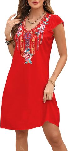 Grosy Women’s Mexican Embroidered Dress Fiesta, Ruffle Sleeve Boho Tunic Dresses Sleeveless Traditional Floral Sundress in Saudi Arabia