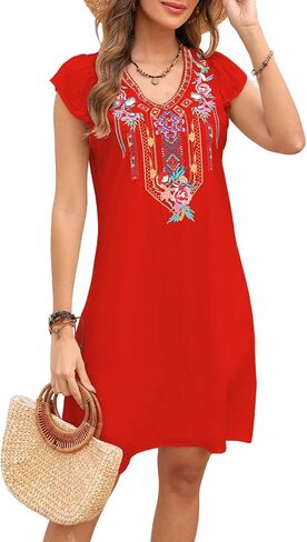 Grosy Women’s Mexican Embroidered Dress Fiesta, Ruffle Sleeve Boho Tunic Dresses Sleeveless Traditional Floral Sundress in Saudi Arabia