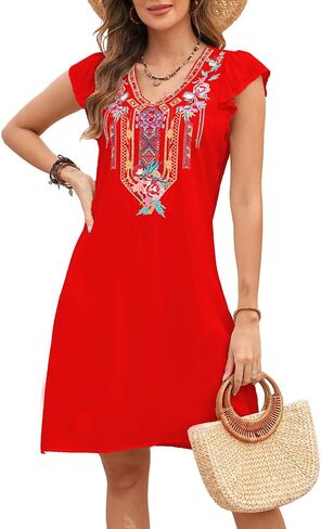 Grosy Women’s Mexican Embroidered Dress Fiesta, Ruffle Sleeve Boho Tunic Dresses Sleeveless Traditional Floral Sundress in Saudi Arabia