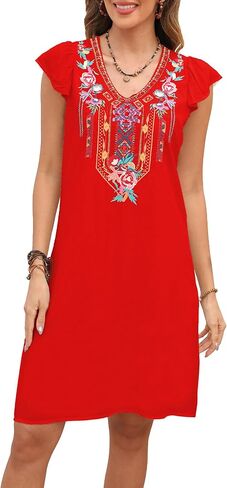 Grosy Women’s Mexican Embroidered Dress Fiesta, Ruffle Sleeve Boho Tunic Dresses Sleeveless Traditional Floral Sundress in Saudi Arabia