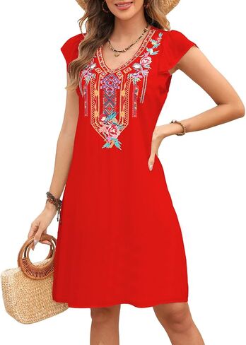 Grosy Women’s Mexican Embroidered Dress Fiesta, Ruffle Sleeve Boho Tunic Dresses Sleeveless Traditional Floral Sundress in Saudi Arabia