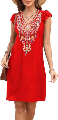 Grosy Women’s Mexican Embroidered Dress Fiesta, Ruffle Sleeve Boho Tunic Dresses Sleeveless Traditional Floral Sundress in Saudi Arabia