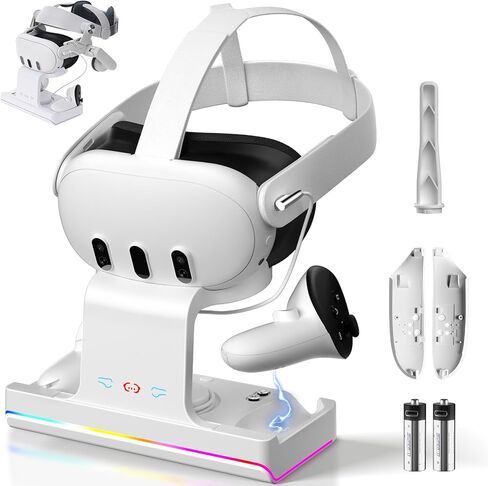 قاعدة شحن لـ Oculus/Meta Quest 3 مع ضوء RGB، محطة شحن سماعة الرأس VR مع شحن سريع USB-C، ملحقات حامل عرض سماعة الرأس ووحدة التحكم مع بطاريتين قابلتين لإعادة الشحن بقدرة 1800 مللي أمبير في الساعة in Kuwait