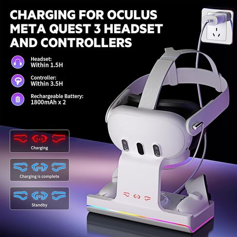 قاعدة شحن لـ Oculus/Meta Quest 3 مع ضوء RGB، محطة شحن سماعة الرأس VR مع شحن سريع USB-C، ملحقات حامل عرض سماعة الرأس ووحدة التحكم مع بطاريتين قابلتين لإعادة الشحن بقدرة 1800 مللي أمبير في الساعة in Kuwait