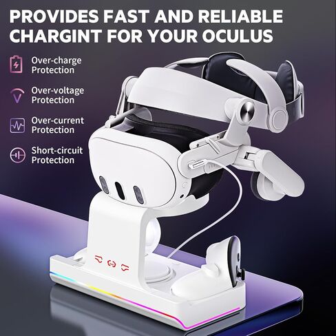 قاعدة شحن لـ Oculus/Meta Quest 3 مع ضوء RGB، محطة شحن سماعة الرأس VR مع شحن سريع USB-C، ملحقات حامل عرض سماعة الرأس ووحدة التحكم مع بطاريتين قابلتين لإعادة الشحن بقدرة 1800 مللي أمبير في الساعة in Kuwait
